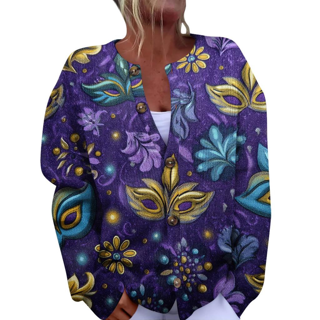 Damenmode Festival Bedruckter Langarm Strickcardigan mit Knopfleiste