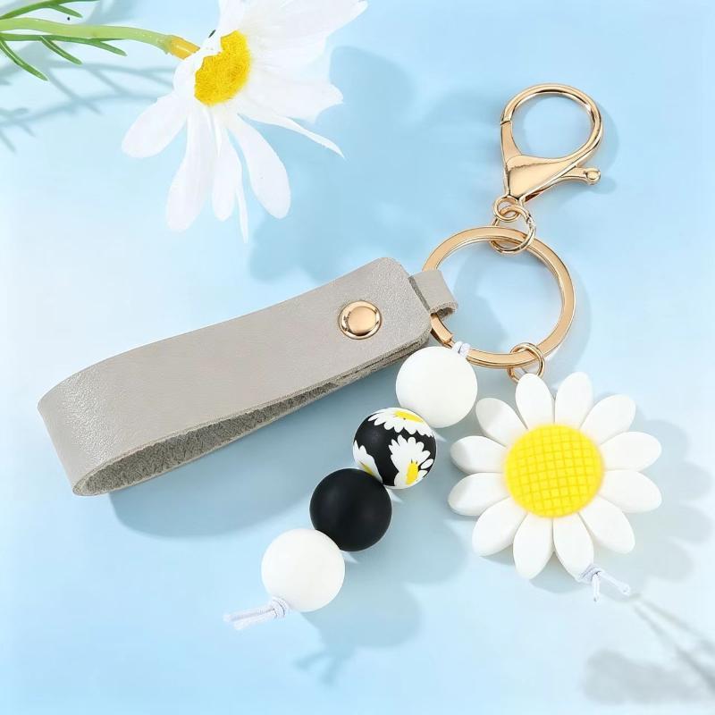 1Pcs Sunflower PU Leather Keychain Personalized Silicone Beads Bag Charm Unique Gift for Mother's Day