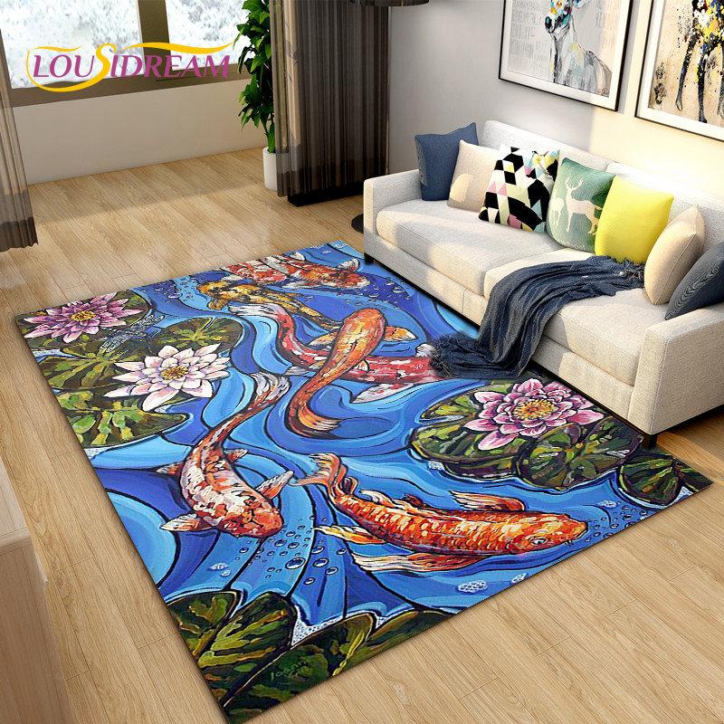 Nordic Luxury 3D Fish Carp Area Rug Large,Carpet Rug for Living Room Bedroom Sofa Decoration,Kitchen Doormat Non-slip Floor Mat