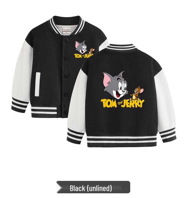 Tom and Jerry Thickened Boys' Baseball Jackets - Velvet Lined, Spring/Autumn Casual Wear