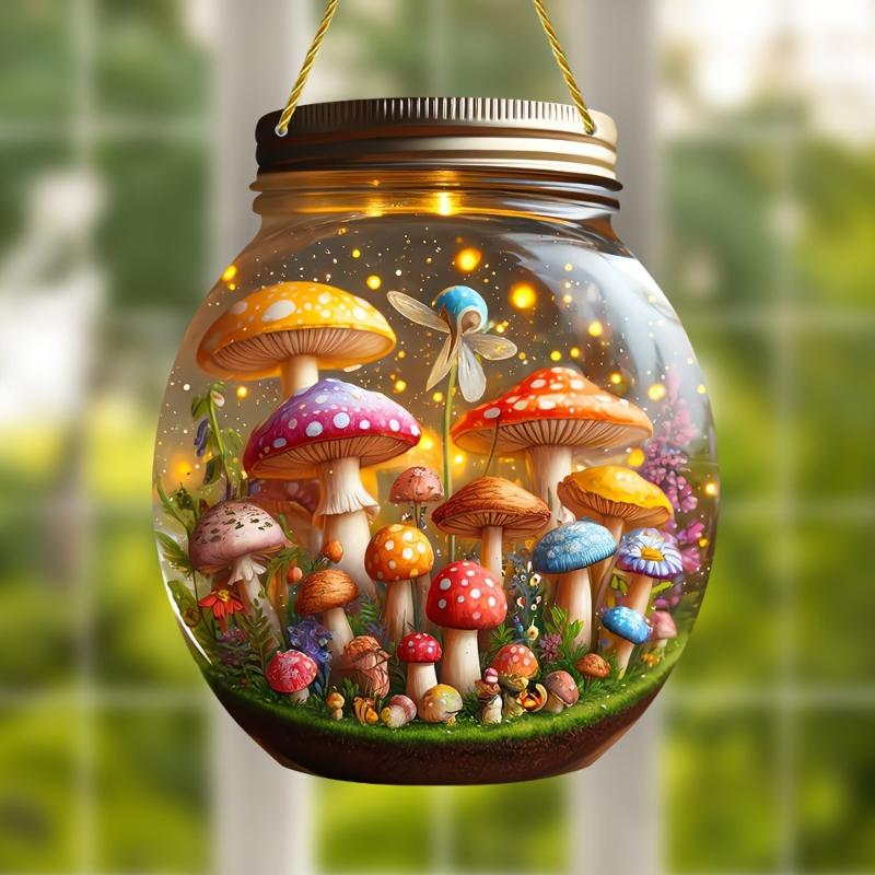 1pcs Oasis Mushroom World Sun Catcher Round Mason Jar Living Room Bedroom Porch Hanging, Acrylic Sign, Four Seasons Decoration