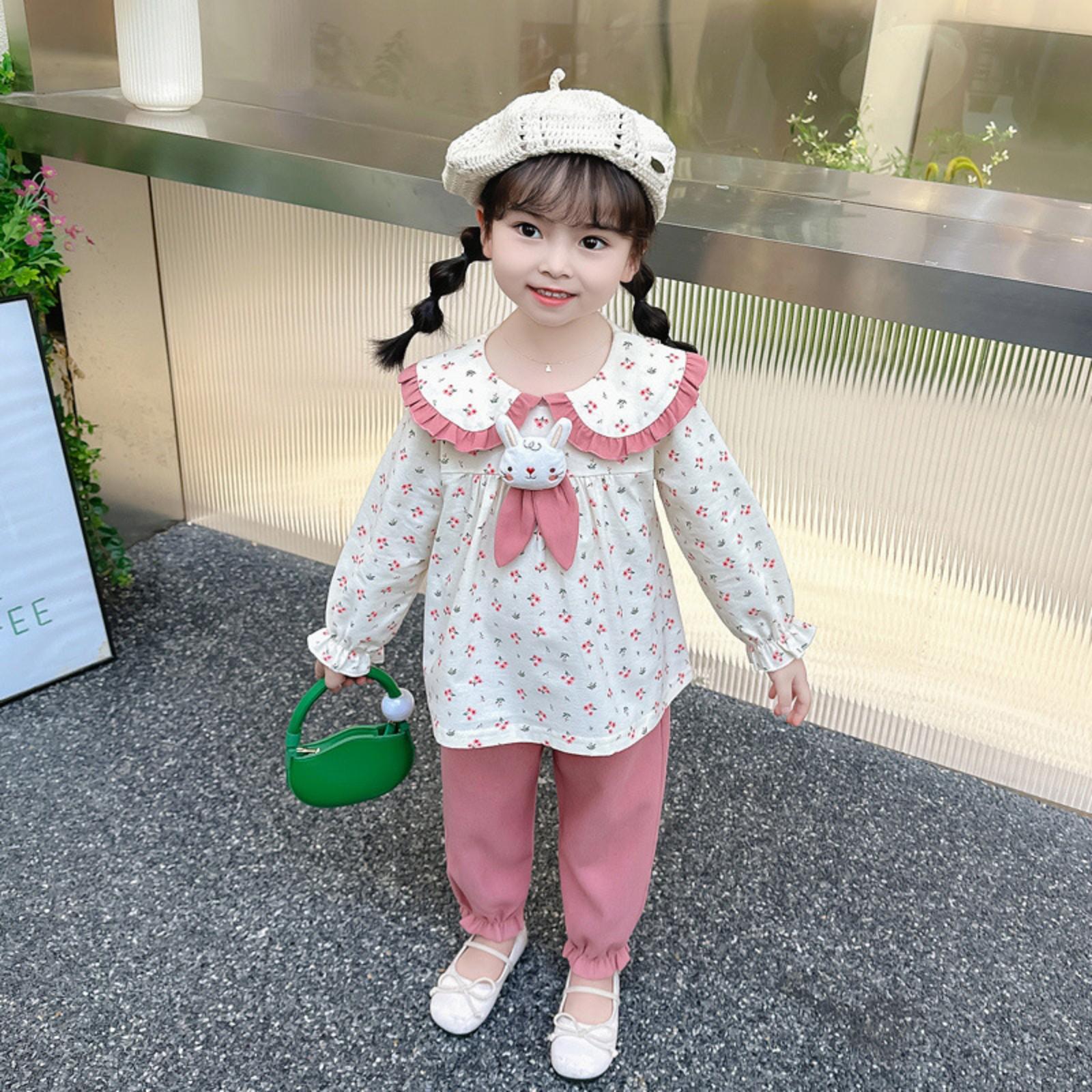 

Костюм для девочек с цветочным принтом и галстуком-зайчиком Детская одежда для девочек 110 розовый