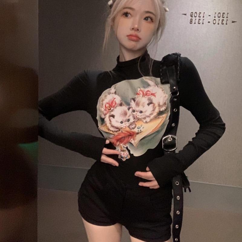 2KWEIRD Sweet Sexy Kawaii Cat Print Camisetas Half High Collar Women Vintage Short Tshirts Y2k Slim Waist Crop Tops Skinny Yellow Tees