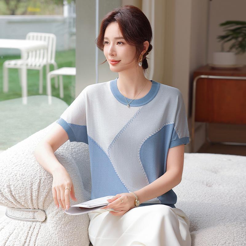 

Mom s High-End Ice Silk Summer Short Sleeve T-Shirt - 2026 New Fashion for Middle-Aged and Elderly Women L (Recommended 80-100 lbs) синий