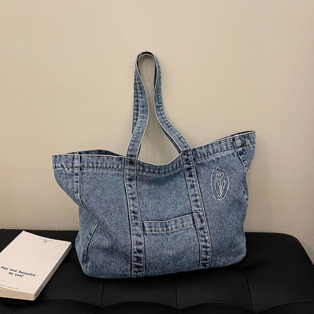 Tote Bag Large Capacity Handbag Solid Color Underarm Packs Sweet Denim Tote Bag Girls