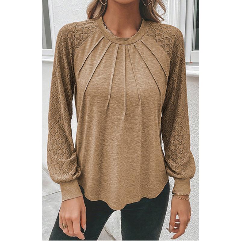 

Fashion Elegant Spring Lace Crew Neck Long Sleeve T-Shirt 2025 Loose Casual Simple Solid Color Blouse Plus Size Office Pleated Tops Clothes 3584 XXXL хаки