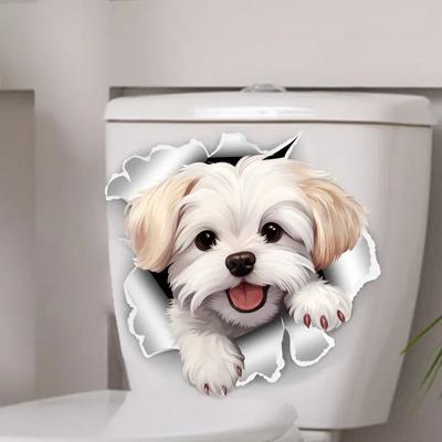 1pc Creative 3D Cracked Animal Dog Toilet Sticker, Adorable Bathroom Decor, Wall Self-Adhesive Art, Bathroom Decor