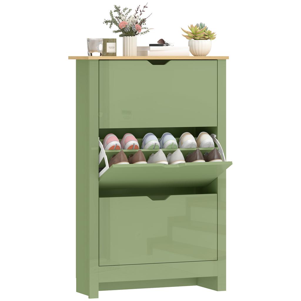 Slim Shoe Cabinet, Narrow Shoe Cupboard with 3 Flip Drawers, Adjustable Shelves for 18 Pairs of Shoes, High Gloss Green