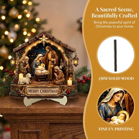 Stabile Futterkrippe Kunst Krippenszene Holz Tischdekoration, Weihnachten Heilige Familie Figur Dekoration, Dekorative Ornamente für Eingang Religiöse Weihnachten