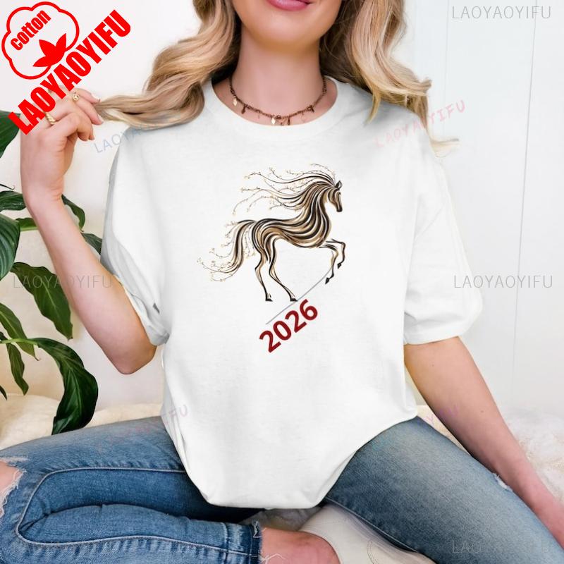 

2026 Year of The Horse Cotton TShirt Lunar New Year Zodiac Tee Artistic Running Horse Design Chinese Horoscope Gift Tees S