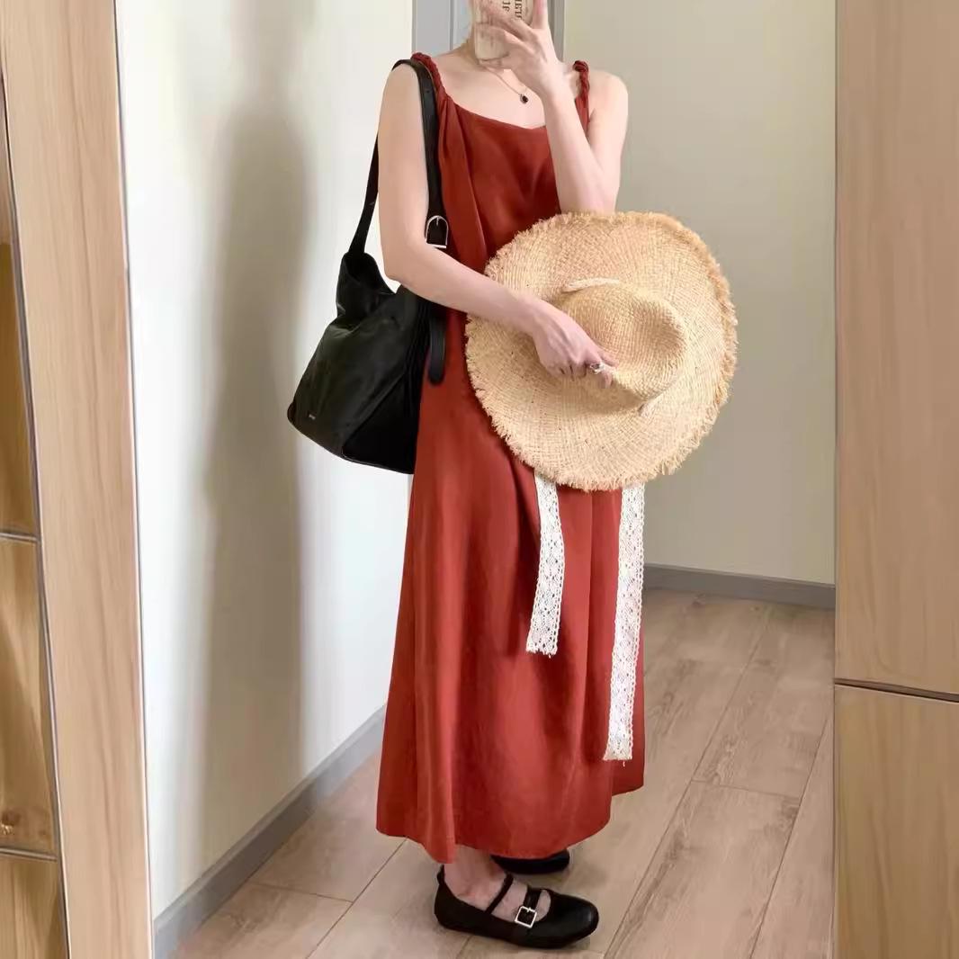 

2024 Summer Slimming Natural Hemp A-line Dress with Knot Straps Medium