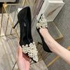 Fashion 2025 Women Luxury High Heels Slides Lady Thin Low Heels Pearl Sandals Slippers Summer Party Apricot Mules Crystal Prom Shoes