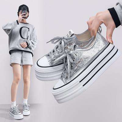 Women's Casual Platform Chunky Canvas Sneakers Comfortable Breathable Walking Shoes Lace-Up Non-Slip Bling Sequin Canvas Shoes Dressy Shoes for Women