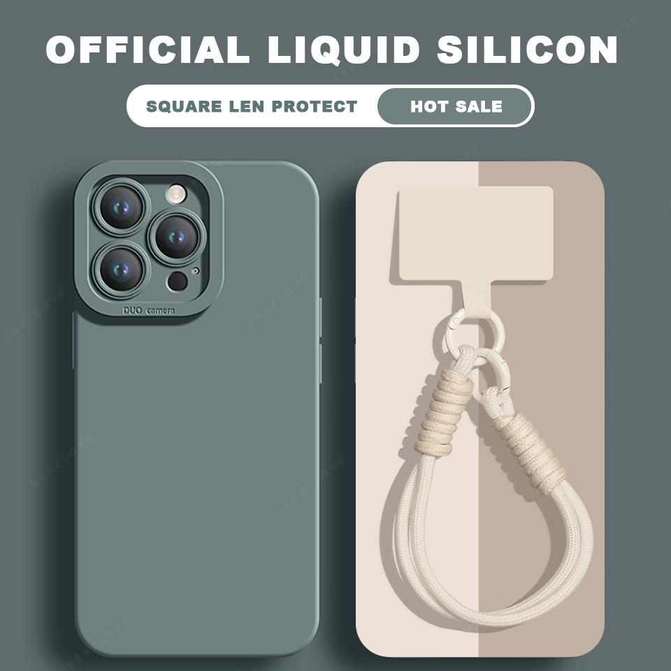 Strap Phone Case For iPhone 16 14 15 Plus 12 13 Mini 11 16 Pro X XR XS Max 16E SE Lanyard Liquid Silicone Protector Soft Cover