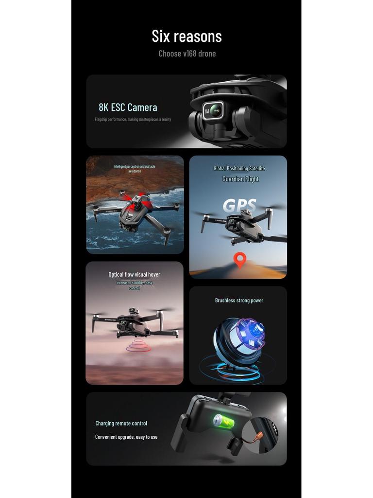 V168 Long-Endurance 8K HD Drone with GPS, One-Key Return, Brushless Motors, Four-Axis Remote Control UAV.