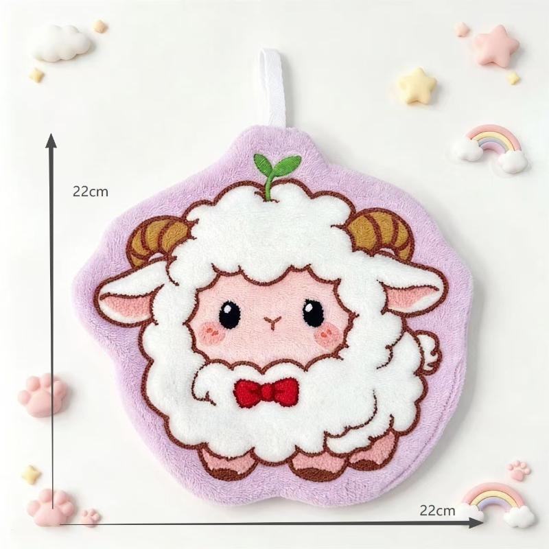 Cute Sheep Shaped Hand Towel Super Absorbent Soft Coral Fleece With Loop For Bathroom Kitchen Use