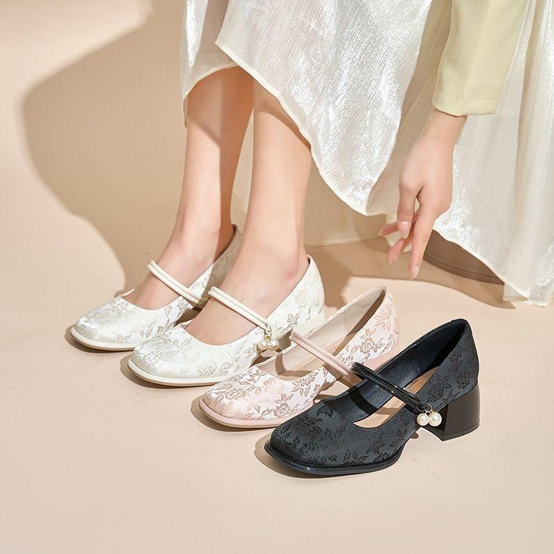 Square Toe With Medium Heels Mary Jane Shoes for Women Spring Elegant Dress Woman Pumps Lastest Fashion Popular 39 Footwear Sale