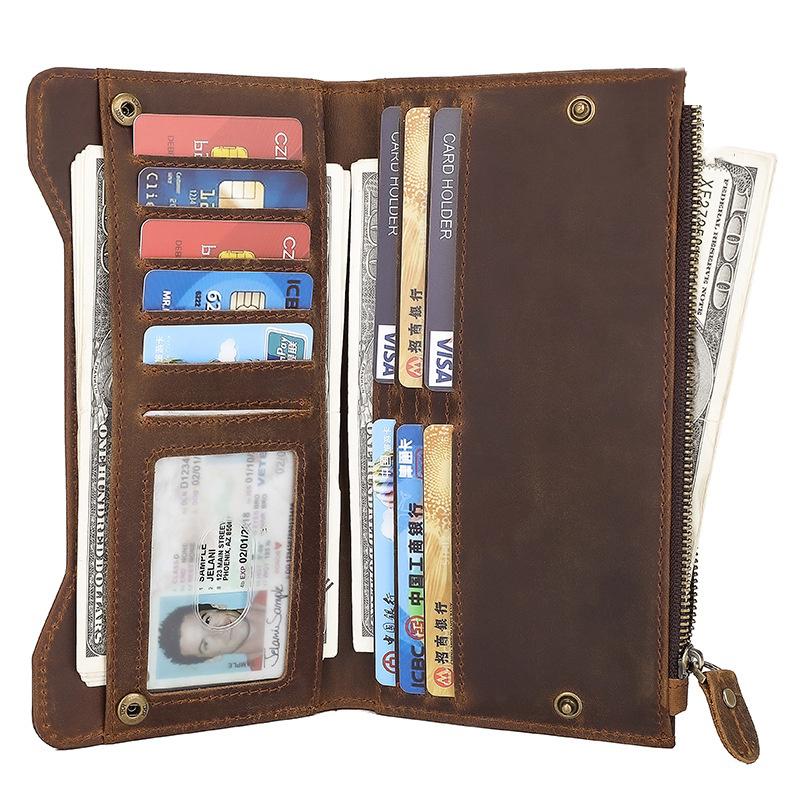 Crazy Horse Leather Long Wallet for Men Full Grain Cowhide Retro Business Wallet Handmade Snap Closure Card Holder Ready Stock