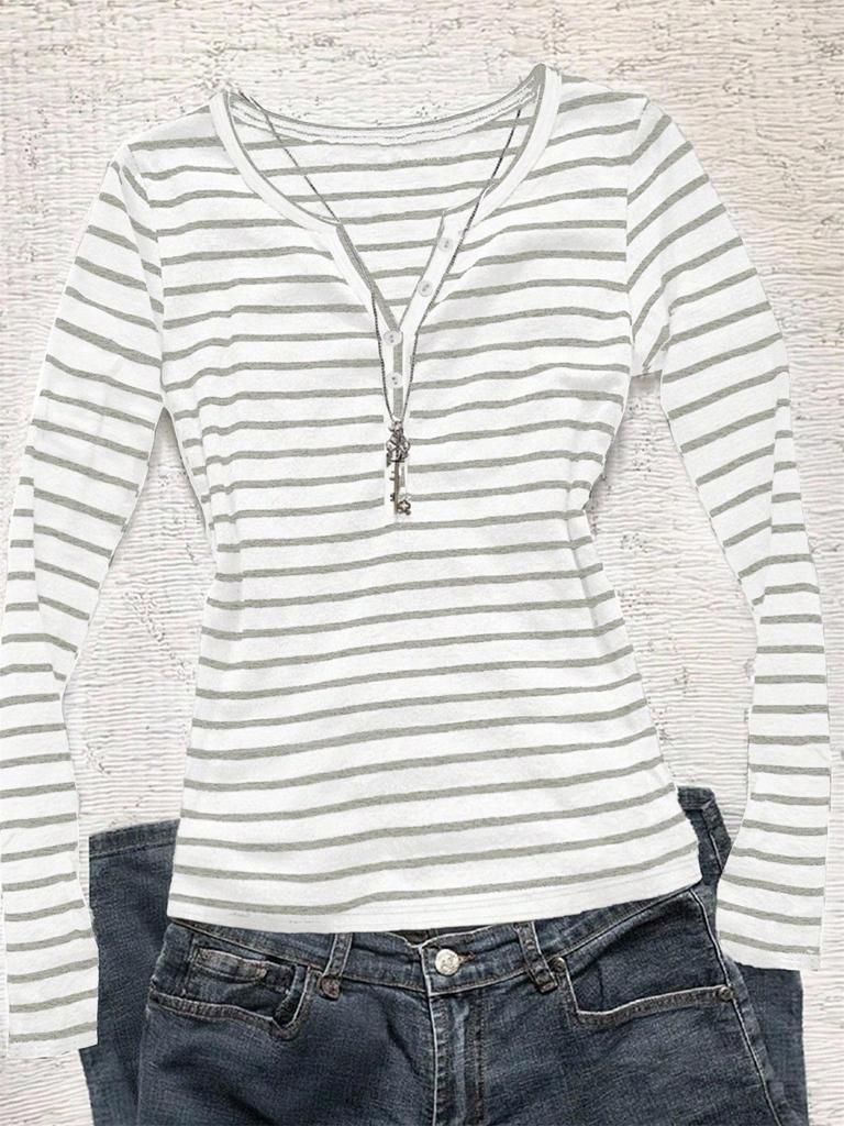 European & American Striped V-neck Long-sleeve Slimming T-shirt - Autumn/Winter Casual Korean Style