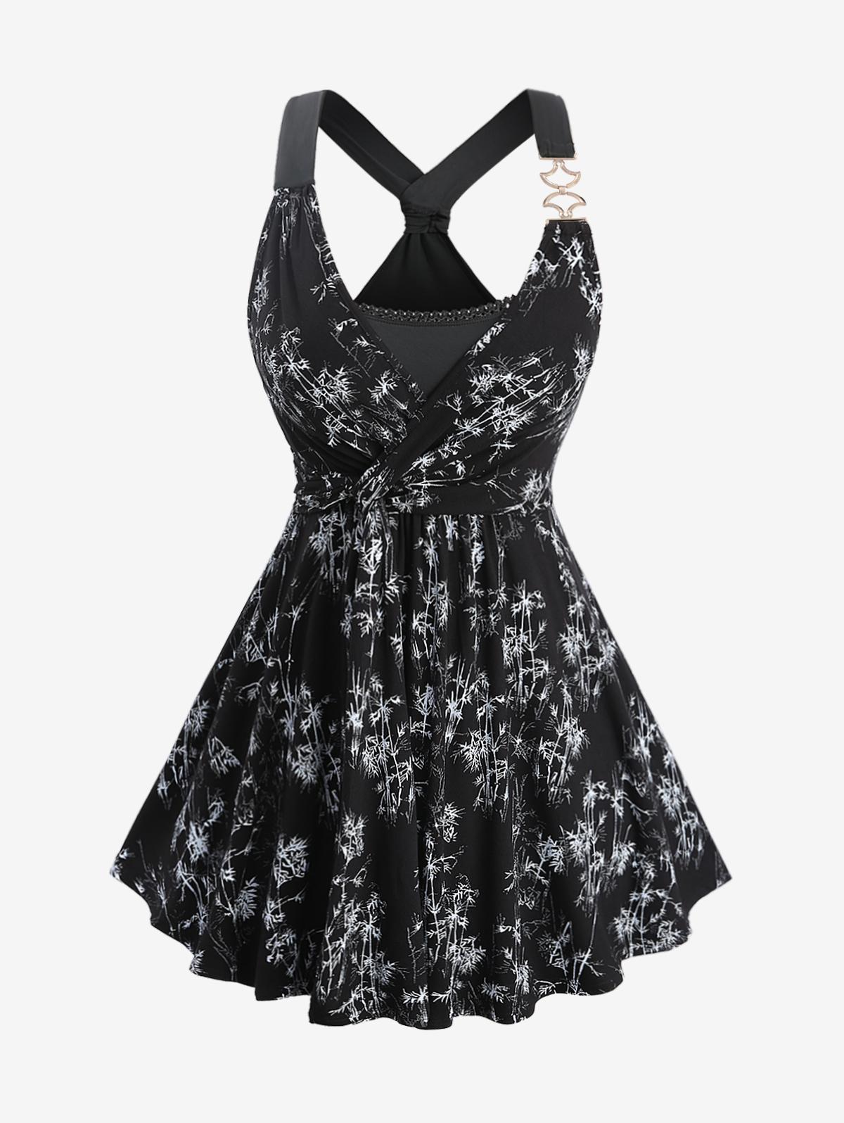 

Rosegal Plus Size Bamboo Print Crossover 2 in 1 Y Бретелька сзади Майка M чёрный