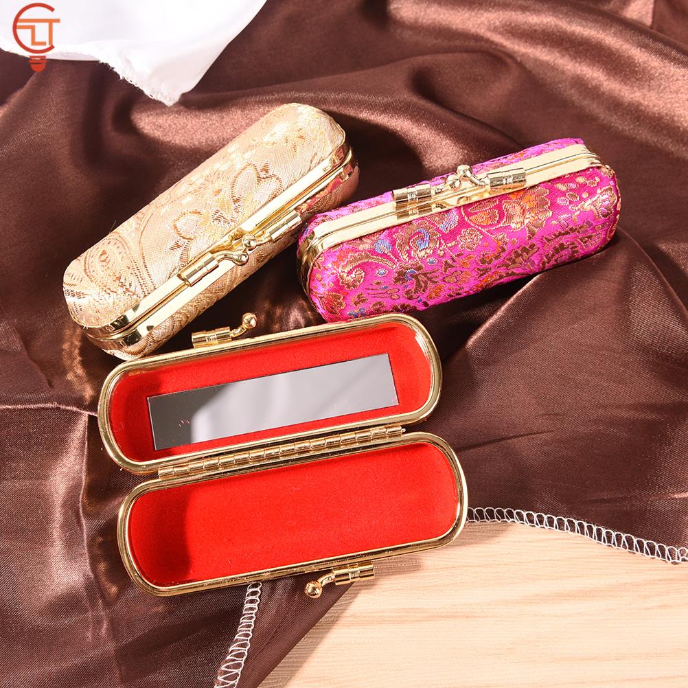 1pc Flower Jacquard Lipstick Case Single Jewellery Box Lip Gloss Storage Case Cosmetic Bags With Mirror Women Makeup Storage Box