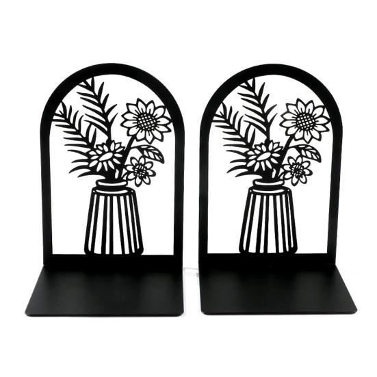 2 Stück Bücherregal-Buchstützen, hohle Blumen, geschnitztes Muster, Vase, Buchstützen, L-förmiges Design, rutschfester Buchhalter