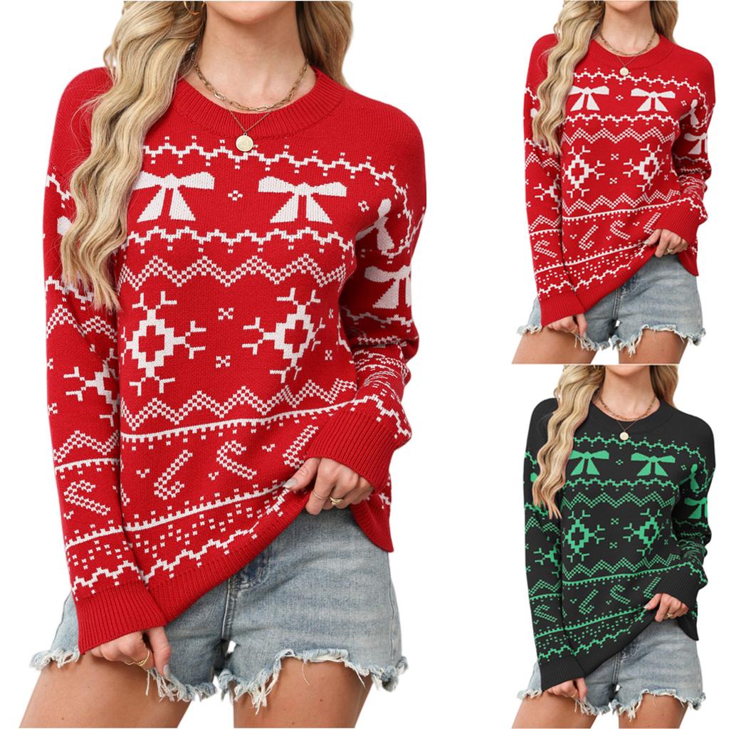 Women's Fashionable Round Neck Long Sleeved Christmas Snowflake Sweater Casual Pullover Knitted Sweater Top