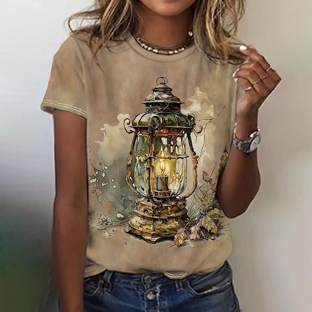 Summer Women T-Shirts Short Sleeved Art Vintage Print T Shirts Fashion Women's T-Shirts Oversized Retro Top Female Clothing