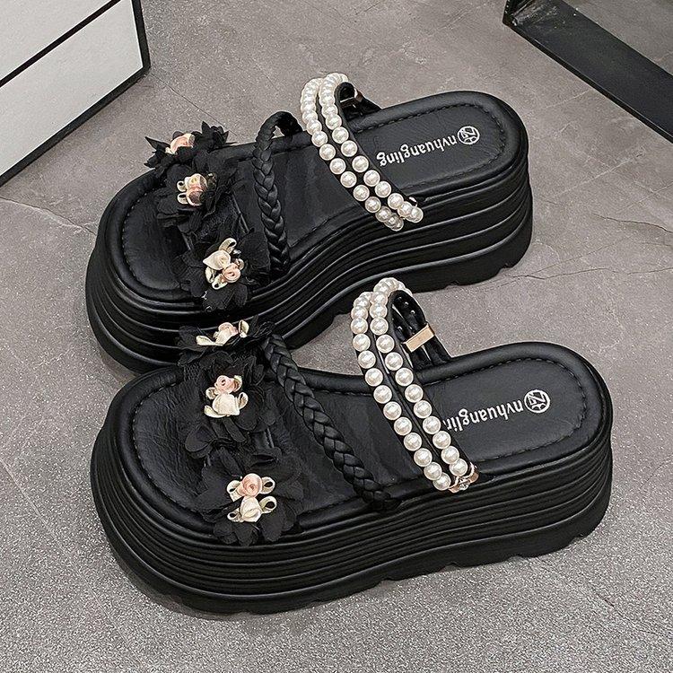Fashion Female Shoes Beige Heeled Sandals House Slippers Platform On A Wedge Slides Low 2025 Black Summer Soft Flat Solid Back Strap Fab