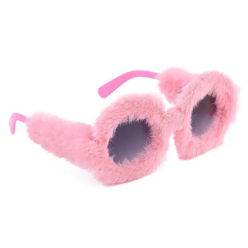1/7 Kleuren UV400 Pluche Zonnebril Rond Montuur Dames Schattige Pluche Zonnebril UV Bestendig