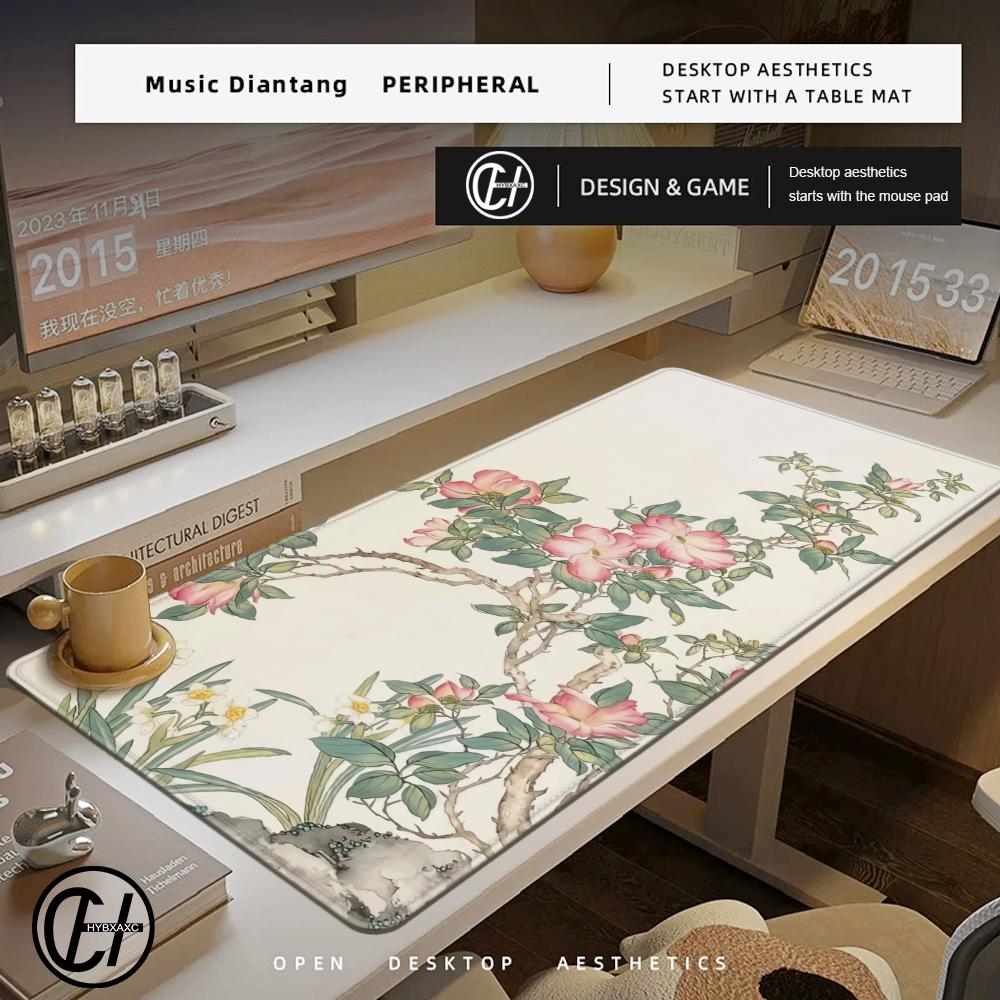 HYBXAXC Office Desktop XXL Keyboard Pad Natural Rubber Non-Slip Mouse Pad Chinese Style Flower And Bird Painting Gamer Mousepad