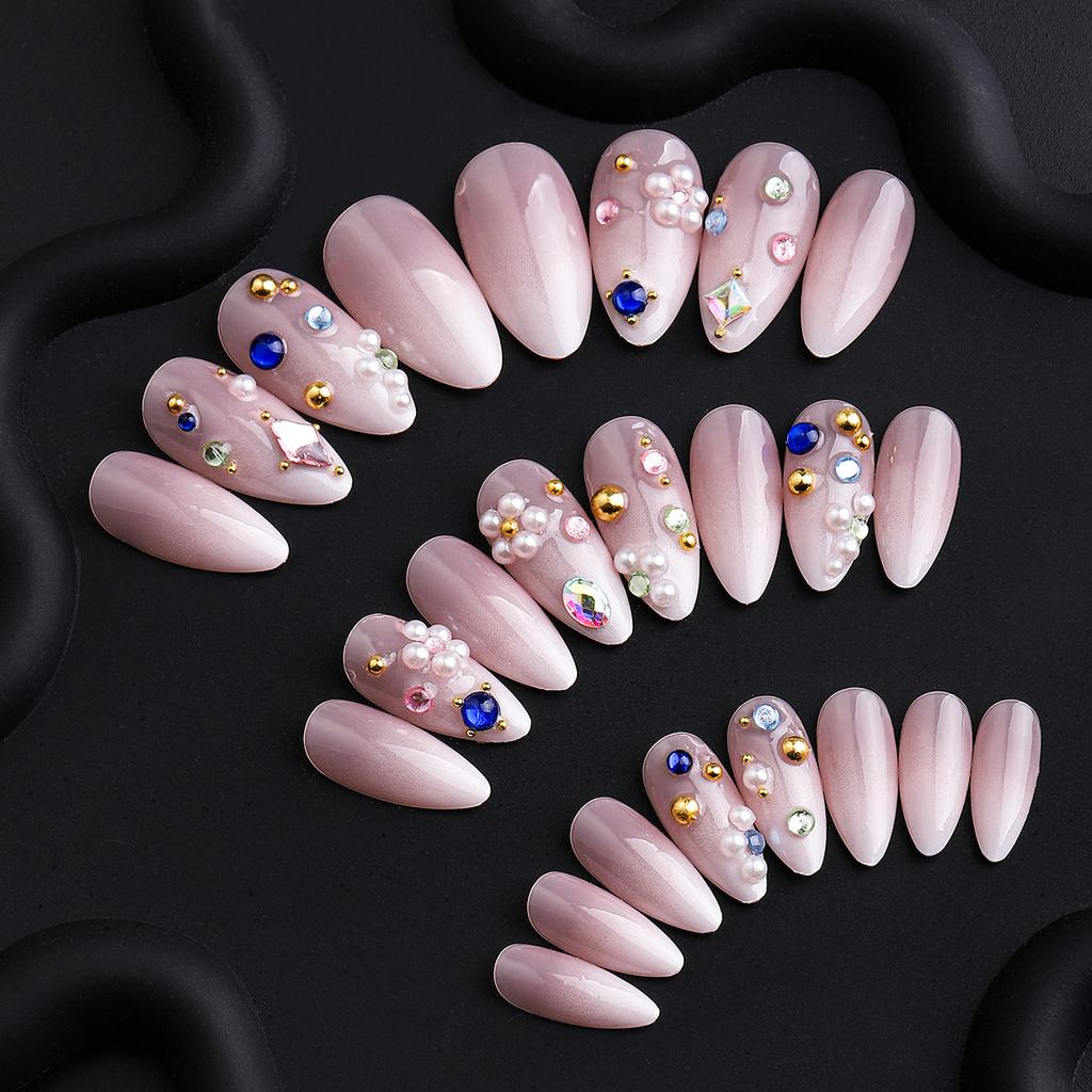 Reusable Almond Press On Nails Ins Trend Sparkling Rhinestone Special Gem Design Nail Tips