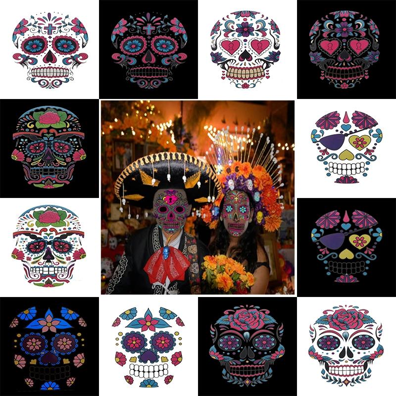 Halloween Luminous Facial Tattoo Sticker Fluorescent Full Face Temporary Tattoos Halloween  Day Of The Dead  Dress Up Decor
