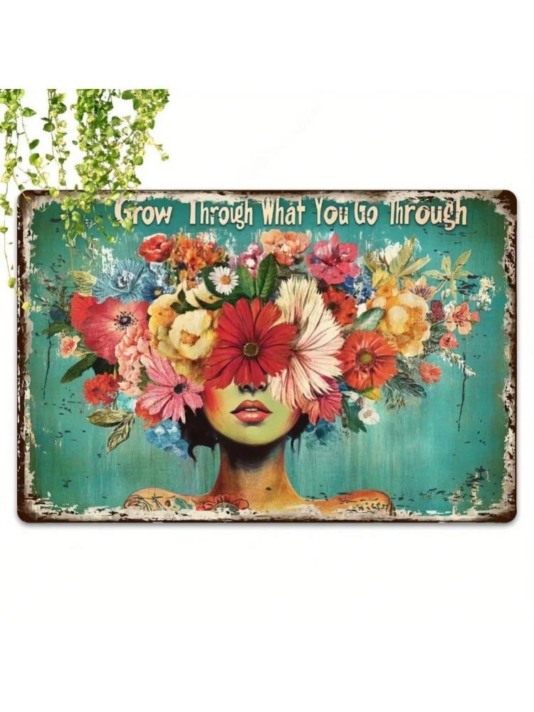 RusticInspire Vintage Metal Wall Sign - Grow Through What You Go Through, Floral Farmhouse Sturdy Indoor Outdoor Decor