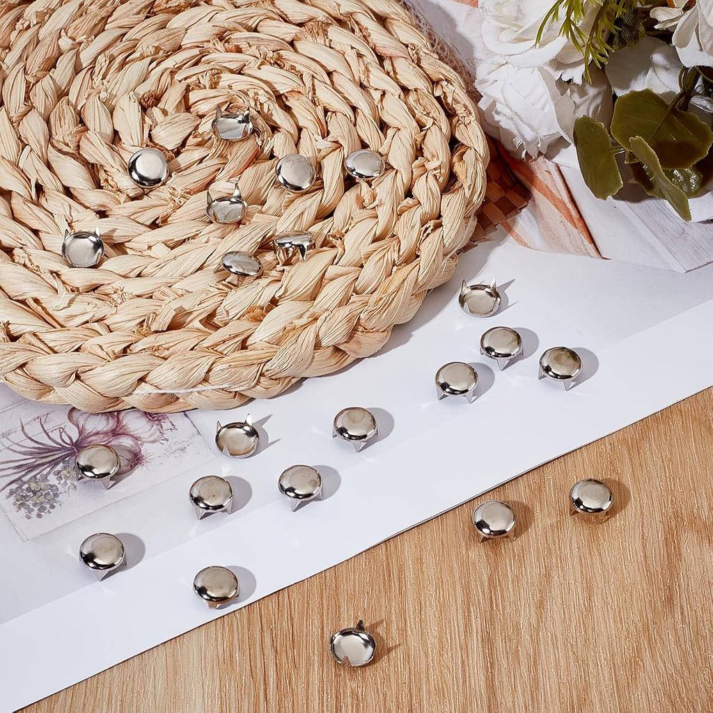 NICENEEDED 250 Pcs Round Dome Rivets, 10 Mm Claw Nailheads Spots Stud, Silver Head Spike Prong Nail Punk Rock Nailheads Claw Beads for DIY Clothes