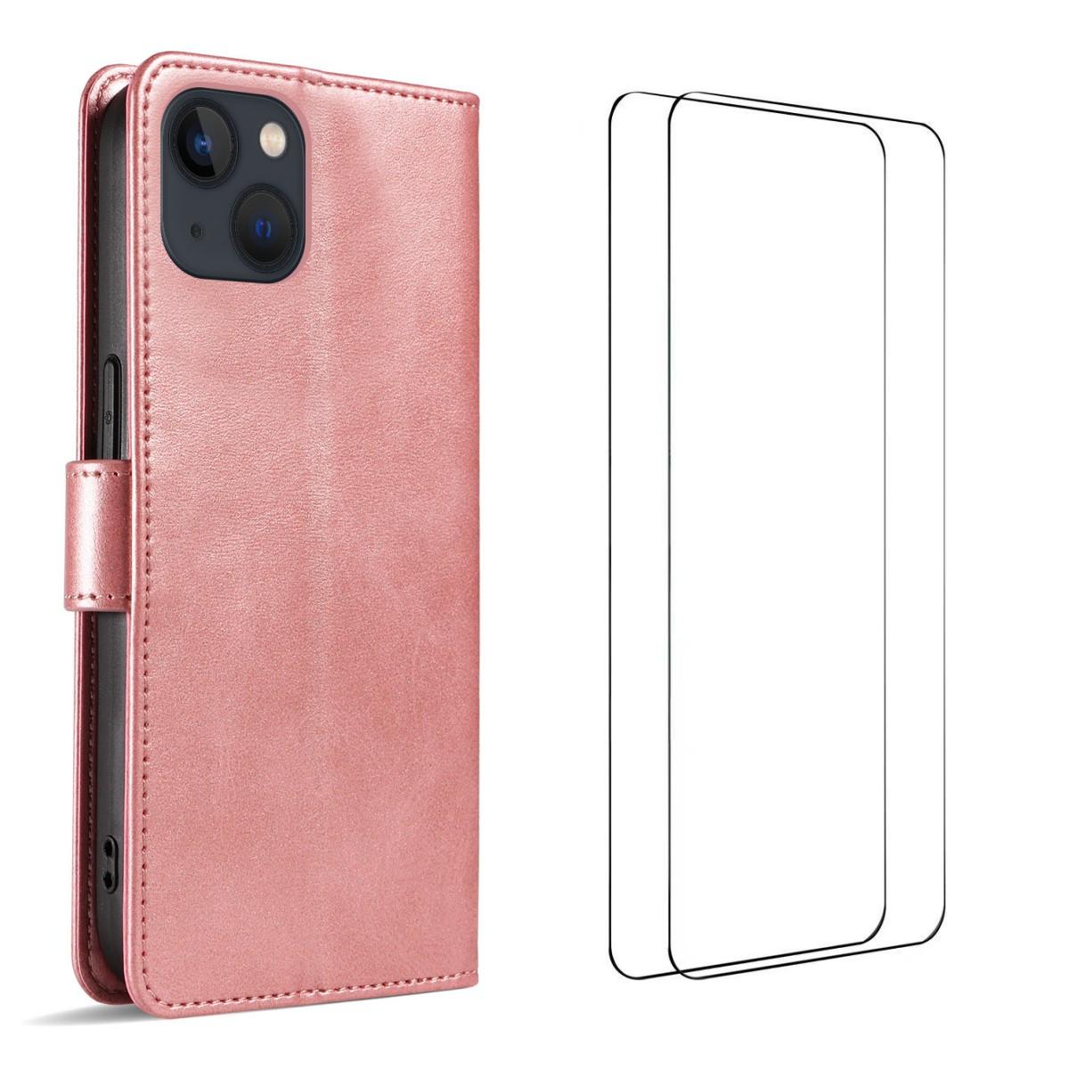 

For iPhone 15 Case with 2Pcs Tempered Glass WANLONFENG WN Series Calf Texture Leather Phone Cover Big Cutouts Pink