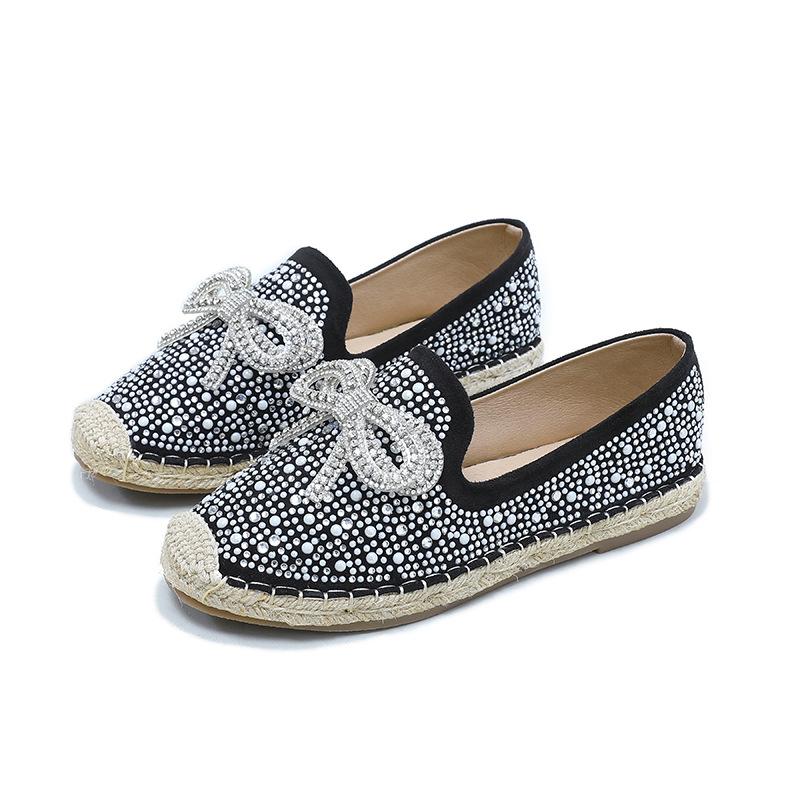 

Fashion Crystal Butterfly-Knot Espadrilles Woman Diamonds Shoes Fisherman Loafers Ladies Slip On Moccasins Rubber Flats Women Sneakers 5 чёрный