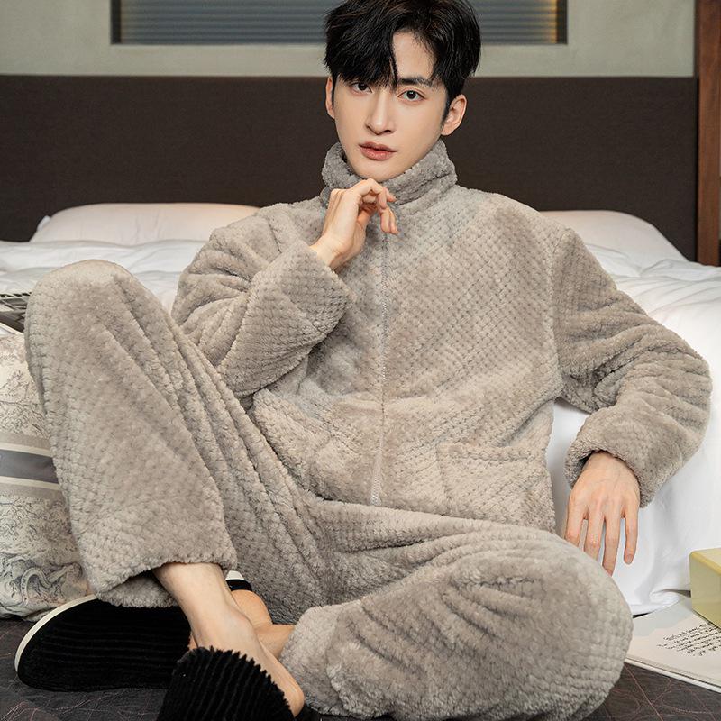 Men's Warm Flannel Pajamas, Zippered Stand-up Collar, Long Sleeve, Coral Fleece Cardigan for Autumn and Winter