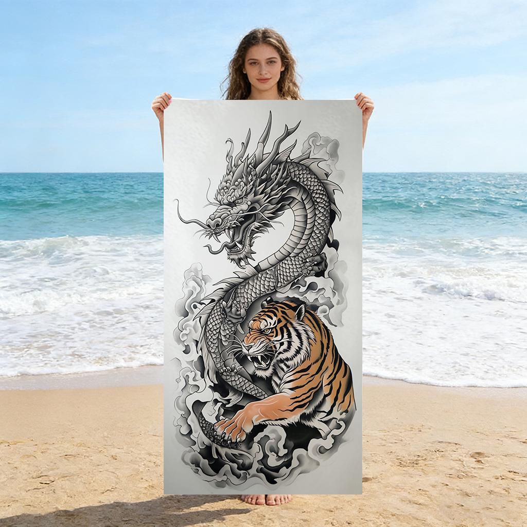 Fight Dragon And Tiger Beach Towel Quick-Drying Small To Large Towel Suitable For Beach Yoga Gym Pool Camping Gift For Friends