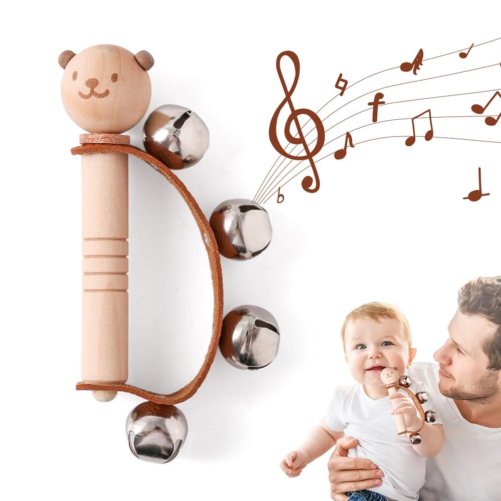 1Pc Baby Wooden Rattlehand Music Bellwooden Instrumentsbaby 0 3 Years Toysmake Sound Toysbear Music Rattletoys For Kids
