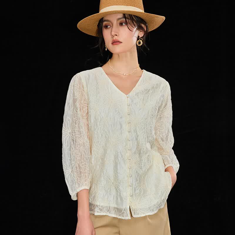 Women s French V-Neck Tencel Embroidered Seven-Sleeve Shirt M