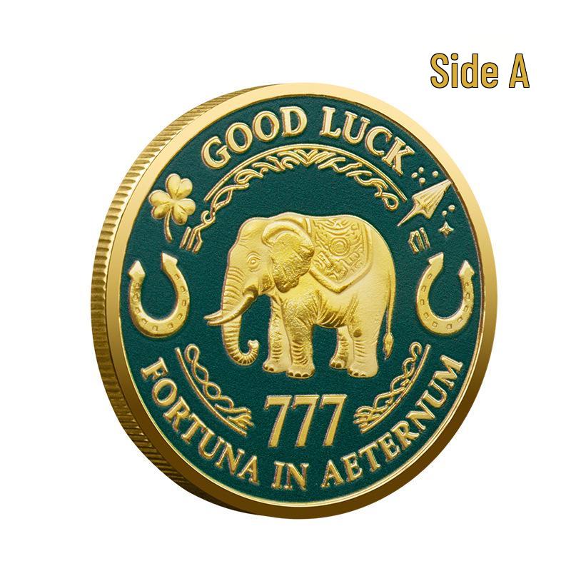 LUCKY Commemorative Coin with Elephant & Four-Leaf Clover – Good Luck Badge