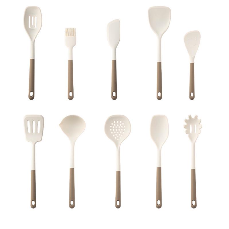 Heat-Resistant Silicone Kitchenware Set: Spatula, Soup Ladle, Slotted Spoon, Rice Spoon, Frying Pan Scraper, Oil Brush, and Flour Grabber.
