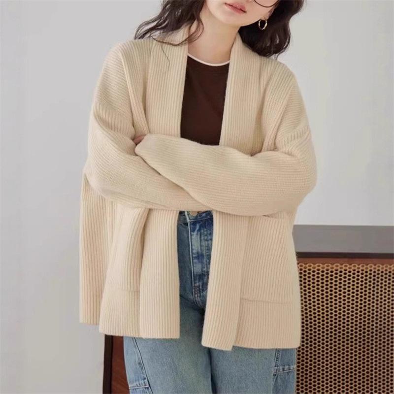 

Knitted sweater jacket autumn and winter new loose lazy thickened medium and long knitted cardigan top women One size