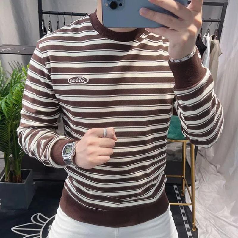 

Трендовая осенне-зимняя новая футболка мужская с круглым вырезом, в полоску с принтом, уличная мода, с длинным рукавом, приталенный свитшот, топ 4XL кофейный