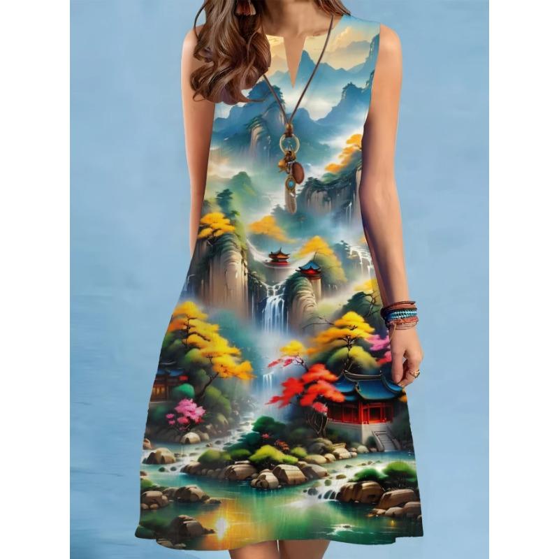 Summer Print A-Line Dress Women Casual Sexy Sleeveless V-neck Loose Mini Dress Elegant Landscape Oil Painting Dress Vestidos
