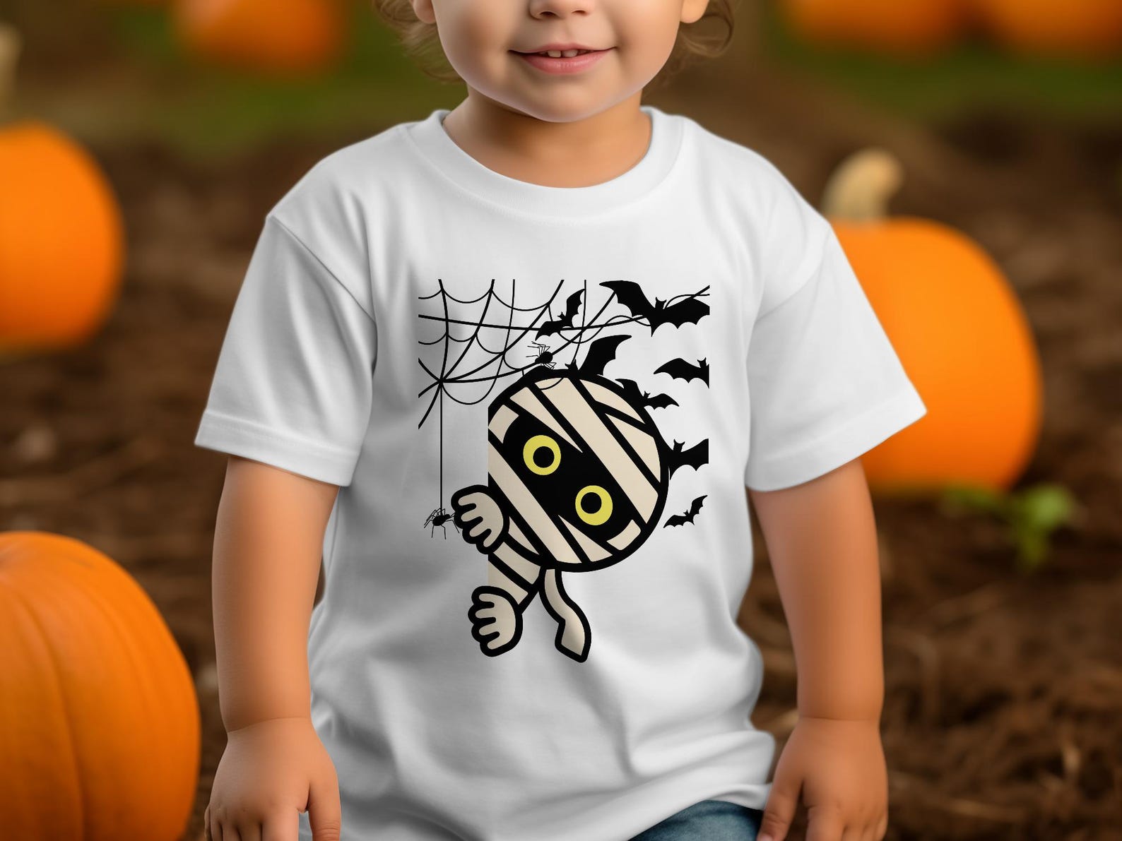 Mummy T-Shirt | Halloween Bats Spiderweb Graphic Tee (Toddler Sizing) S