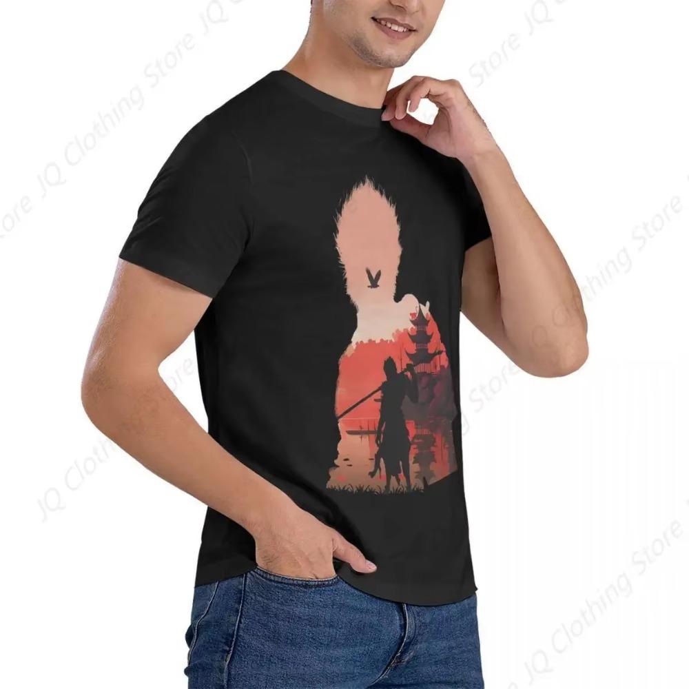 Men Negative Illusion Photographic Print T Shirts Black Myth Wukong Pure Cotton Clothing Cool Short Sleeve Round Neck
