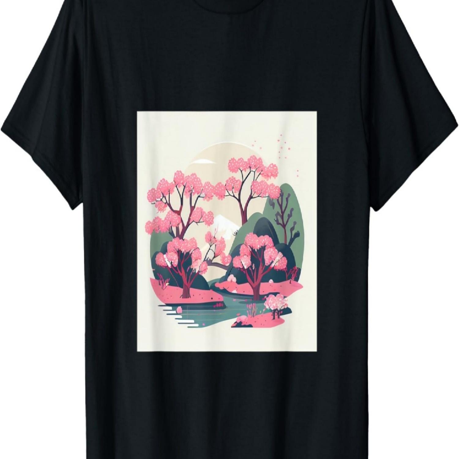 Tranquil  countryside cherry blossom trees riverside T-Shirt S чёрный