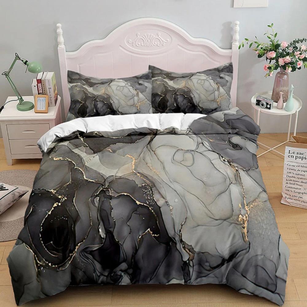 Luxury Black Marble Bedding Set 3D Duvet Cover Set Single Double Twin Full Size Teens Adults Bedclothes Soft Polyester Bed Linen